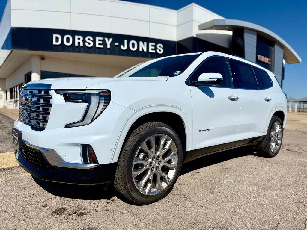 2026 GMC Acadia Denali in Glacier White Tricoat — front three-quarter view